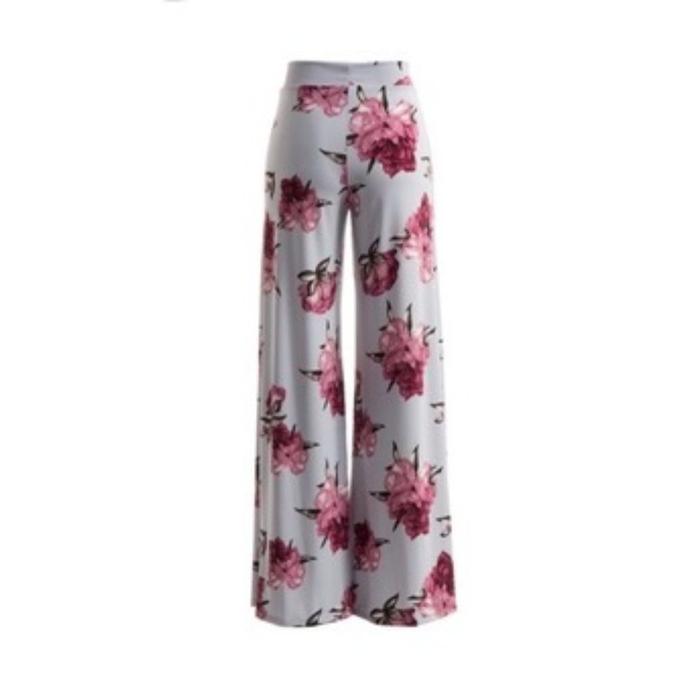 Wide Leg HIgh Waist Rose Print Palazzo Pants in Grey sz Small - Picture 4 of 5